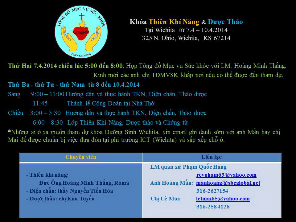 Giới thiệu 2 khóa Dưỡng Sinh Miễn Phí ở Hoa Kỳ : Houston từ 3 > 6/4 và Wichita từ 7 > 10.4.2014